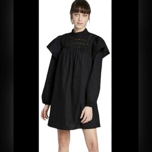 100% Cotton High Neck, Ruffle Shoulder, Lace Detail, Black Dress